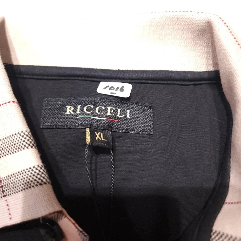 Ricceli Mens XL Black Stretch Polo Shirt NWT Plaid Collar Cotton Spandex
